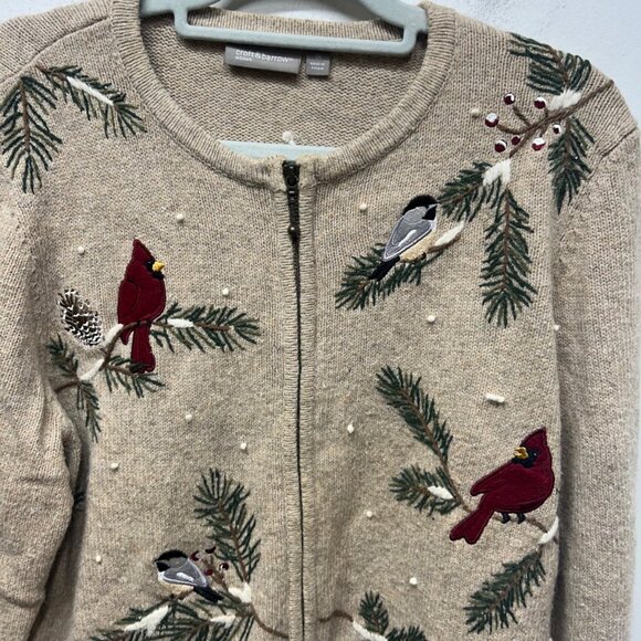Croft & Barrow Holiday Cardinal Red tan Bird Zip Front Cardigan sweater 1x - Picture 4 of 9
